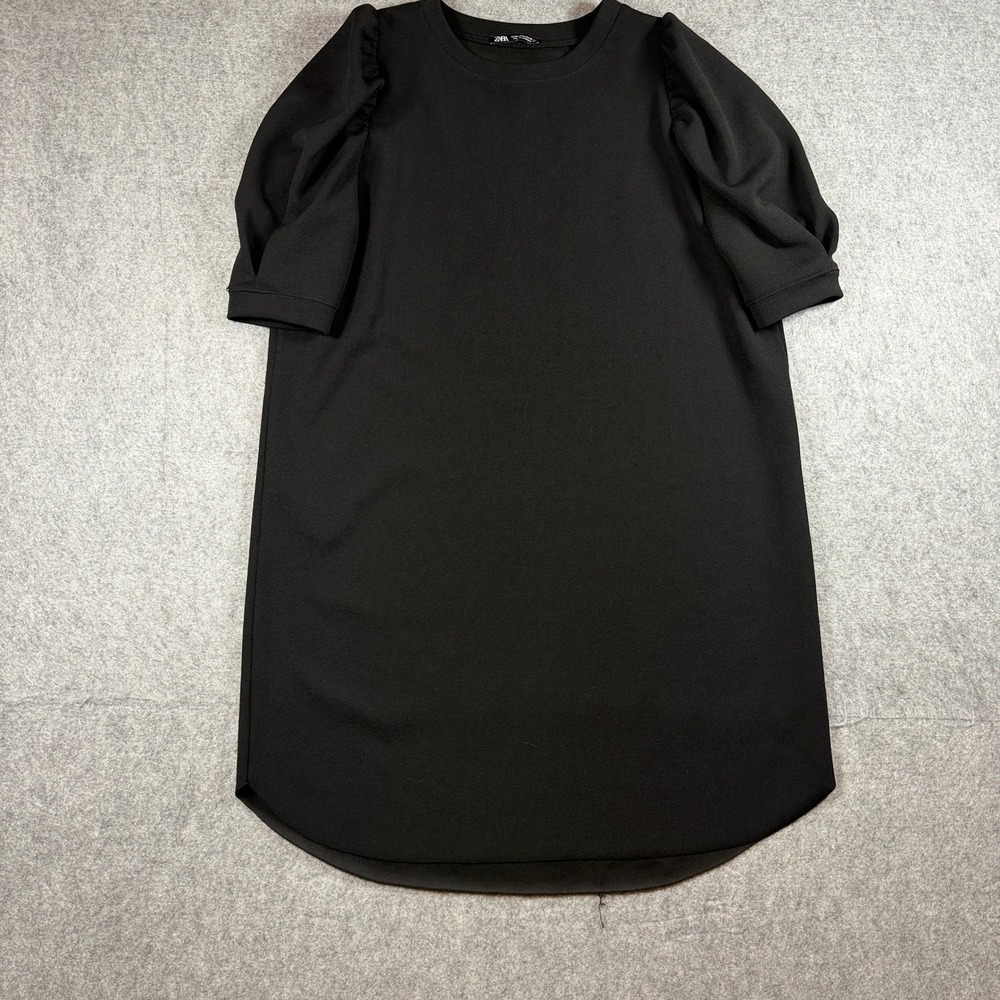 Zara Womens Puff Sleeve Shift Dress Size M Black Crepe Textured Short Sleeve